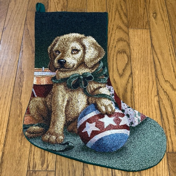 Other - VINTAGE Christmas TAPESTRY Stocking 17”x11” Beautiful Brown Puppy